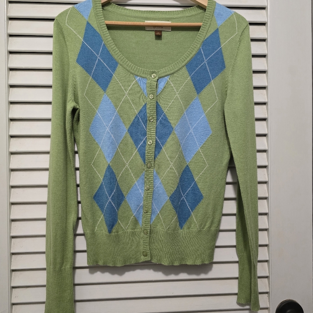 Sonoma Women's Argyle Cardigan M Green Blue EUC Preppy Spring Lightweight - Picture 2 of 6